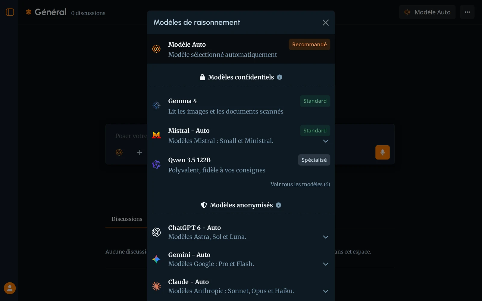 Model picker modal | Confidential vs anonymised | Dark theme